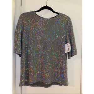 Cherish Disco Sparkle Rainbow Iridescent Bat Wing Top